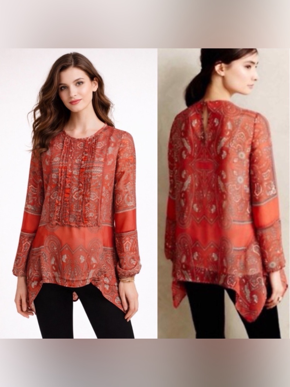 Anthropologie Love Sam Red Paisley Print‎ Sheer Hanker-chief Tunic Top Large